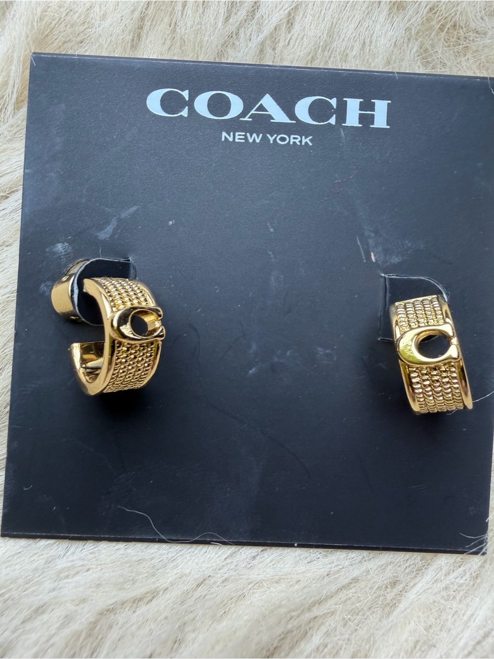 Coach Gold-Tone Textured C Huggie Hoop Earrings - Picture 3 of 6